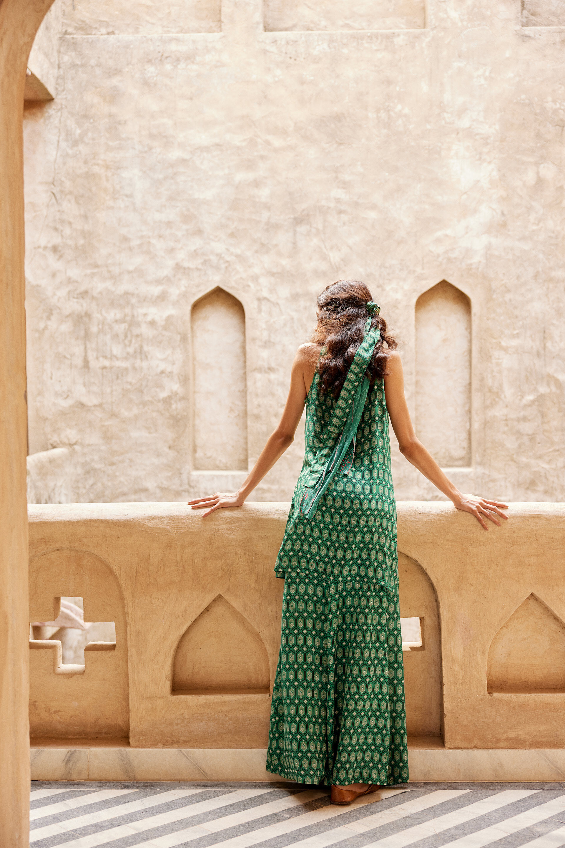 Lattice Inspired Print Viscose Kurta Set, Green, image 2